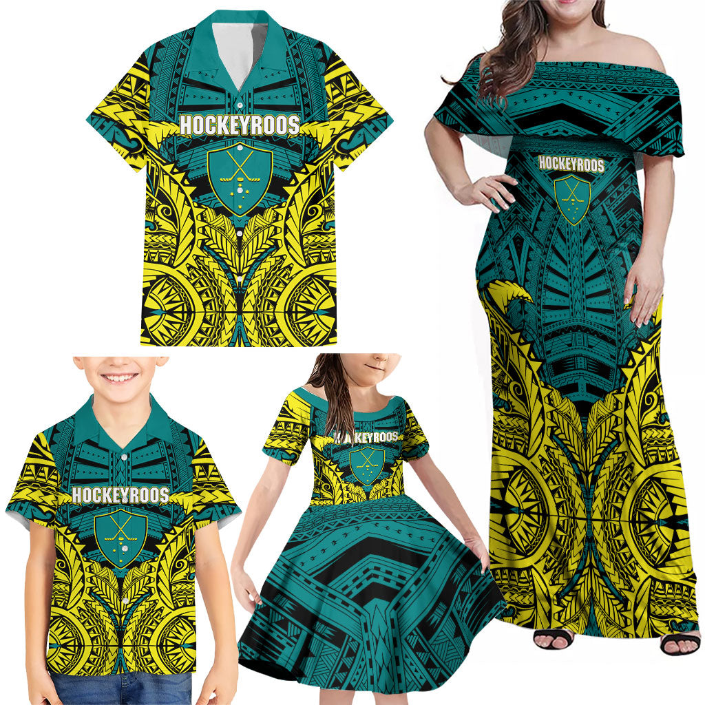 Personalized Hockeyroos Kangaroo Field Hockey Family Matching Off Shoulder Maxi Dress and Hawaiian Shirt Tribal Geometric Green Gold Symmetrical Pattern Design