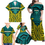 Personalized Hockeyroos Kangaroo Field Hockey Family Matching Off Shoulder Maxi Dress and Hawaiian Shirt Tribal Geometric Green Gold Symmetrical Pattern Design