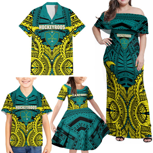 Personalized Hockeyroos Kangaroo Field Hockey Family Matching Off Shoulder Maxi Dress and Hawaiian Shirt Tribal Geometric Green Gold Symmetrical Pattern Design