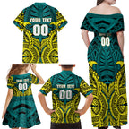 Personalized Hockeyroos Kangaroo Field Hockey Family Matching Off Shoulder Maxi Dress and Hawaiian Shirt Tribal Geometric Green Gold Symmetrical Pattern Design