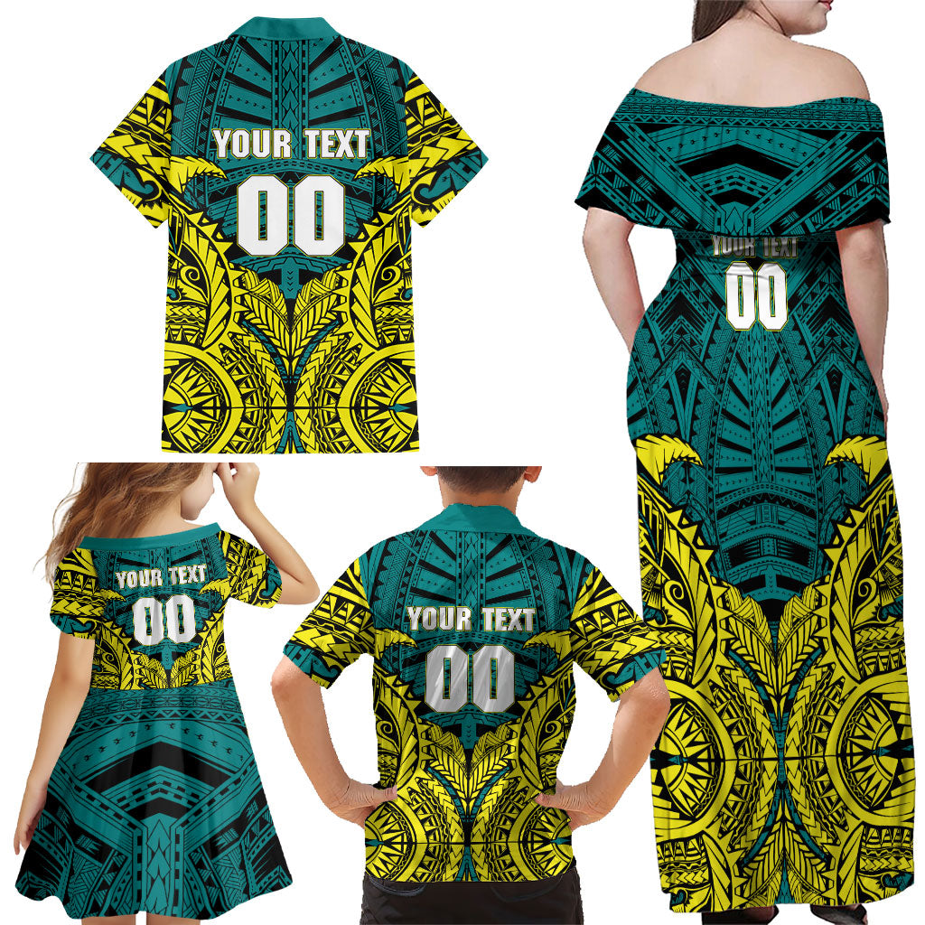 Personalized Hockeyroos Kangaroo Field Hockey Family Matching Off Shoulder Maxi Dress and Hawaiian Shirt Tribal Geometric Green Gold Symmetrical Pattern Design