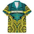 Personalized Hockeyroos Kangaroo Field Hockey Family Matching Off Shoulder Maxi Dress and Hawaiian Shirt Tribal Geometric Green Gold Symmetrical Pattern Design