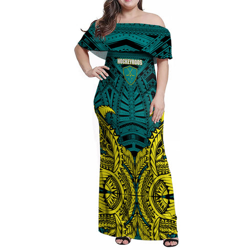 Personalized Hockeyroos Kangaroo Field Hockey Family Matching Off Shoulder Maxi Dress and Hawaiian Shirt Tribal Geometric Green Gold Symmetrical Pattern Design