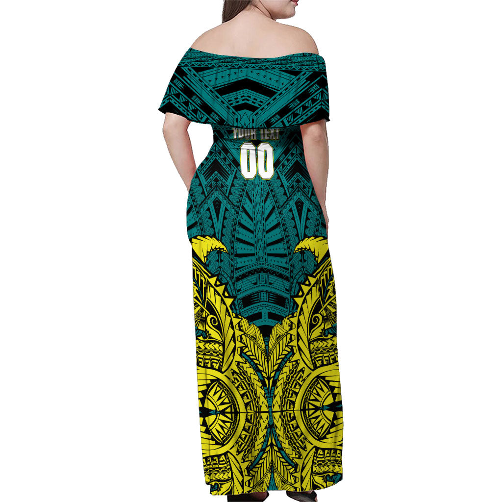 Personalized Hockeyroos Kangaroo Field Hockey Family Matching Off Shoulder Maxi Dress and Hawaiian Shirt Tribal Geometric Green Gold Symmetrical Pattern Design