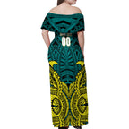 Personalized Hockeyroos Kangaroo Field Hockey Family Matching Off Shoulder Maxi Dress and Hawaiian Shirt Tribal Geometric Green Gold Symmetrical Pattern Design