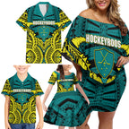 Personalized Hockeyroos Kangaroo Field Hockey Family Matching Off Shoulder Short Dress and Hawaiian Shirt Tribal Geometric Green Gold Symmetrical Pattern Design
