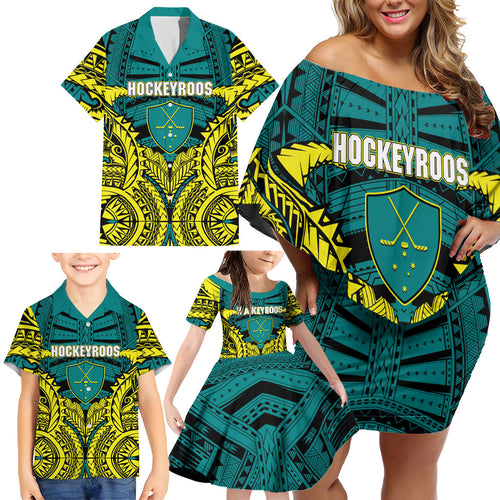 Personalized Hockeyroos Kangaroo Field Hockey Family Matching Off Shoulder Short Dress and Hawaiian Shirt Tribal Geometric Green Gold Symmetrical Pattern Design