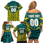 Personalized Hockeyroos Kangaroo Field Hockey Family Matching Off Shoulder Short Dress and Hawaiian Shirt Tribal Geometric Green Gold Symmetrical Pattern Design