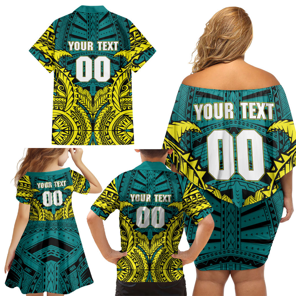 Personalized Hockeyroos Kangaroo Field Hockey Family Matching Off Shoulder Short Dress and Hawaiian Shirt Tribal Geometric Green Gold Symmetrical Pattern Design