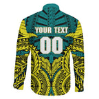 Personalized Hockeyroos Kangaroo Field Hockey Family Matching Off Shoulder Short Dress and Hawaiian Shirt Tribal Geometric Green Gold Symmetrical Pattern Design