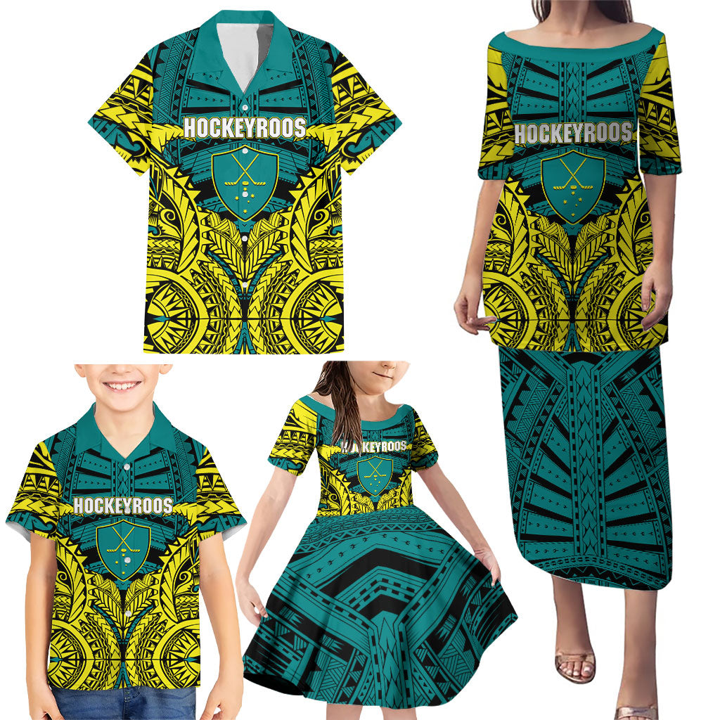 Personalized Hockeyroos Kangaroo Field Hockey Family Matching Puletasi and Hawaiian Shirt Tribal Geometric Green Gold Symmetrical Pattern Design