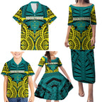 Personalized Hockeyroos Kangaroo Field Hockey Family Matching Puletasi and Hawaiian Shirt Tribal Geometric Green Gold Symmetrical Pattern Design