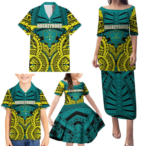 Personalized Hockeyroos Kangaroo Field Hockey Family Matching Puletasi and Hawaiian Shirt Tribal Geometric Green Gold Symmetrical Pattern Design