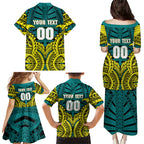 Personalized Hockeyroos Kangaroo Field Hockey Family Matching Puletasi and Hawaiian Shirt Tribal Geometric Green Gold Symmetrical Pattern Design