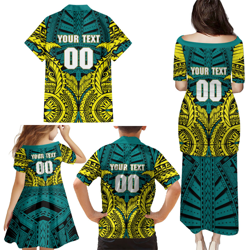 Personalized Hockeyroos Kangaroo Field Hockey Family Matching Puletasi and Hawaiian Shirt Tribal Geometric Green Gold Symmetrical Pattern Design