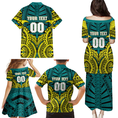 Personalized Hockeyroos Kangaroo Field Hockey Family Matching Puletasi and Hawaiian Shirt Tribal Geometric Green Gold Symmetrical Pattern Design