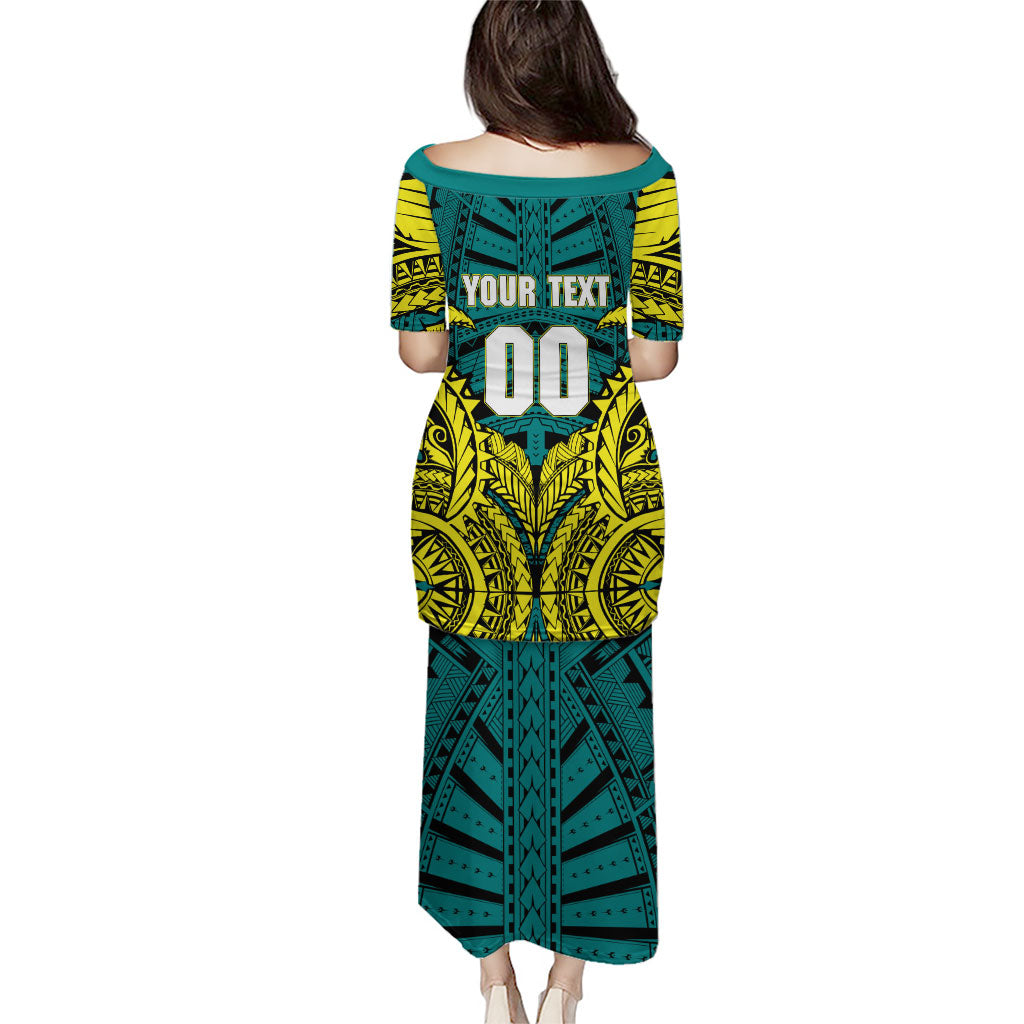 Personalized Hockeyroos Kangaroo Field Hockey Family Matching Puletasi and Hawaiian Shirt Tribal Geometric Green Gold Symmetrical Pattern Design