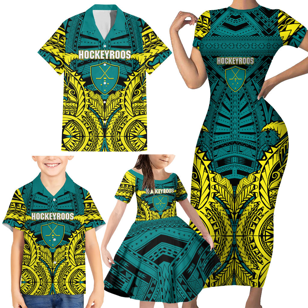 Personalized Hockeyroos Kangaroo Field Hockey Family Matching Short Sleeve Bodycon Dress and Hawaiian Shirt Tribal Geometric Green Gold Symmetrical Pattern Design