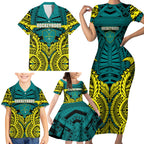 Personalized Hockeyroos Kangaroo Field Hockey Family Matching Short Sleeve Bodycon Dress and Hawaiian Shirt Tribal Geometric Green Gold Symmetrical Pattern Design