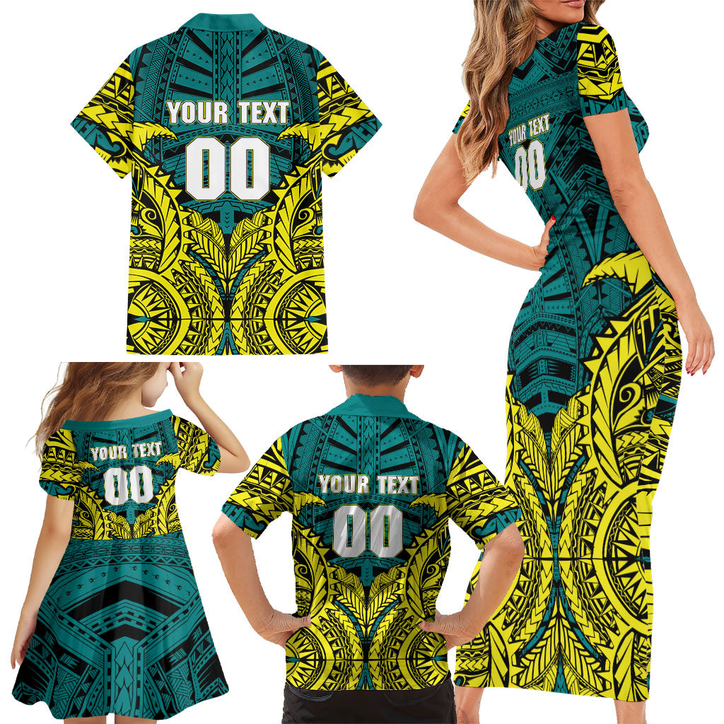 Personalized Hockeyroos Kangaroo Field Hockey Family Matching Short Sleeve Bodycon Dress and Hawaiian Shirt Tribal Geometric Green Gold Symmetrical Pattern Design