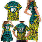 Personalized Hockeyroos Kangaroo Field Hockey Family Matching Short Sleeve Bodycon Dress and Hawaiian Shirt Tribal Geometric Green Gold Symmetrical Pattern Design