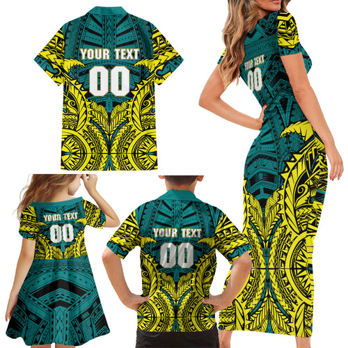 Personalized Hockeyroos Kangaroo Field Hockey Family Matching Short Sleeve Bodycon Dress and Hawaiian Shirt Tribal Geometric Green Gold Symmetrical Pattern Design
