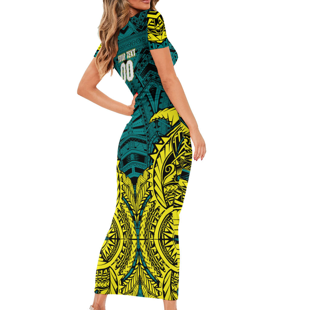 Personalized Hockeyroos Kangaroo Field Hockey Family Matching Short Sleeve Bodycon Dress and Hawaiian Shirt Tribal Geometric Green Gold Symmetrical Pattern Design