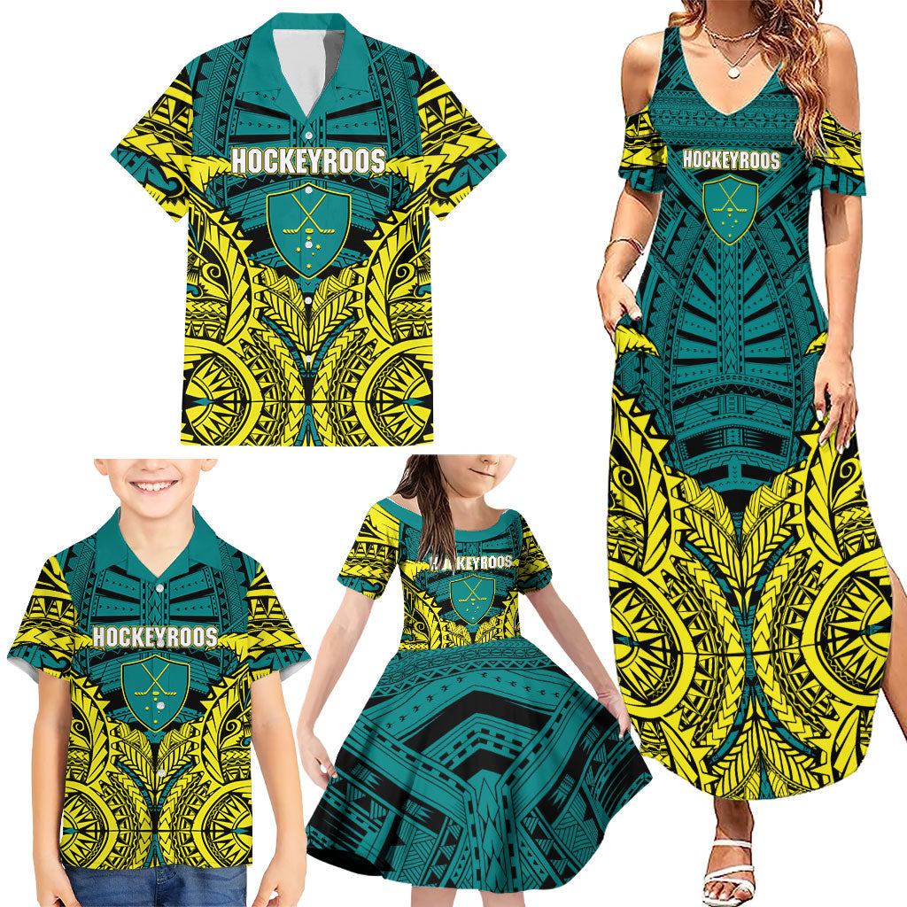Personalized Hockeyroos Kangaroo Field Hockey Family Matching Summer Maxi Dress and Hawaiian Shirt Tribal Geometric Green Gold Symmetrical Pattern Design