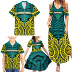Personalized Hockeyroos Kangaroo Field Hockey Family Matching Summer Maxi Dress and Hawaiian Shirt Tribal Geometric Green Gold Symmetrical Pattern Design