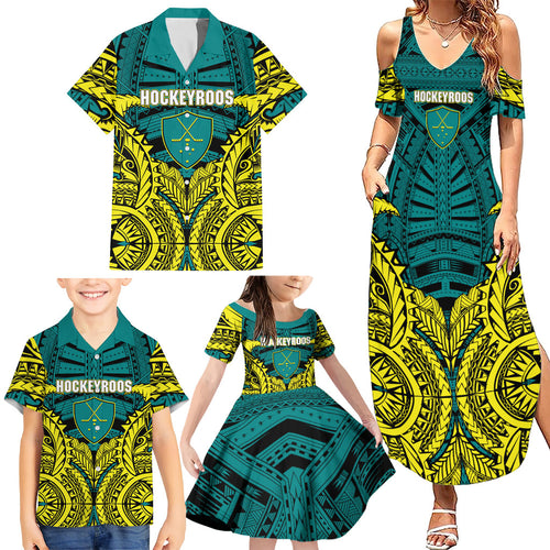 Personalized Hockeyroos Kangaroo Field Hockey Family Matching Summer Maxi Dress and Hawaiian Shirt Tribal Geometric Green Gold Symmetrical Pattern Design