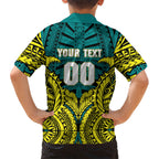 Personalized Hockeyroos Kangaroo Field Hockey Family Matching Summer Maxi Dress and Hawaiian Shirt Tribal Geometric Green Gold Symmetrical Pattern Design
