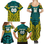 Personalized Hockeyroos Kangaroo Field Hockey Family Matching Summer Maxi Dress and Hawaiian Shirt Tribal Geometric Green Gold Symmetrical Pattern Design