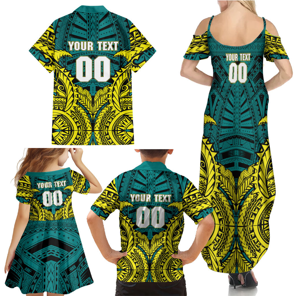 Personalized Hockeyroos Kangaroo Field Hockey Family Matching Summer Maxi Dress and Hawaiian Shirt Tribal Geometric Green Gold Symmetrical Pattern Design