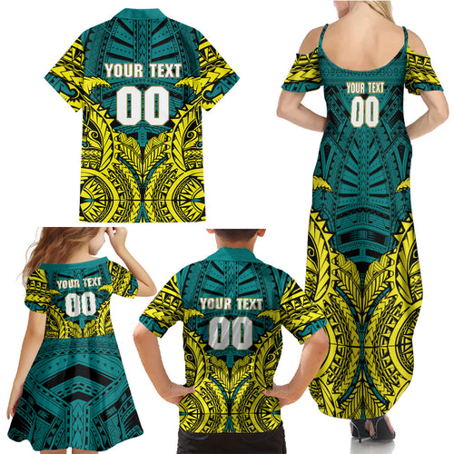 Personalized Hockeyroos Kangaroo Field Hockey Family Matching Summer Maxi Dress and Hawaiian Shirt Tribal Geometric Green Gold Symmetrical Pattern Design