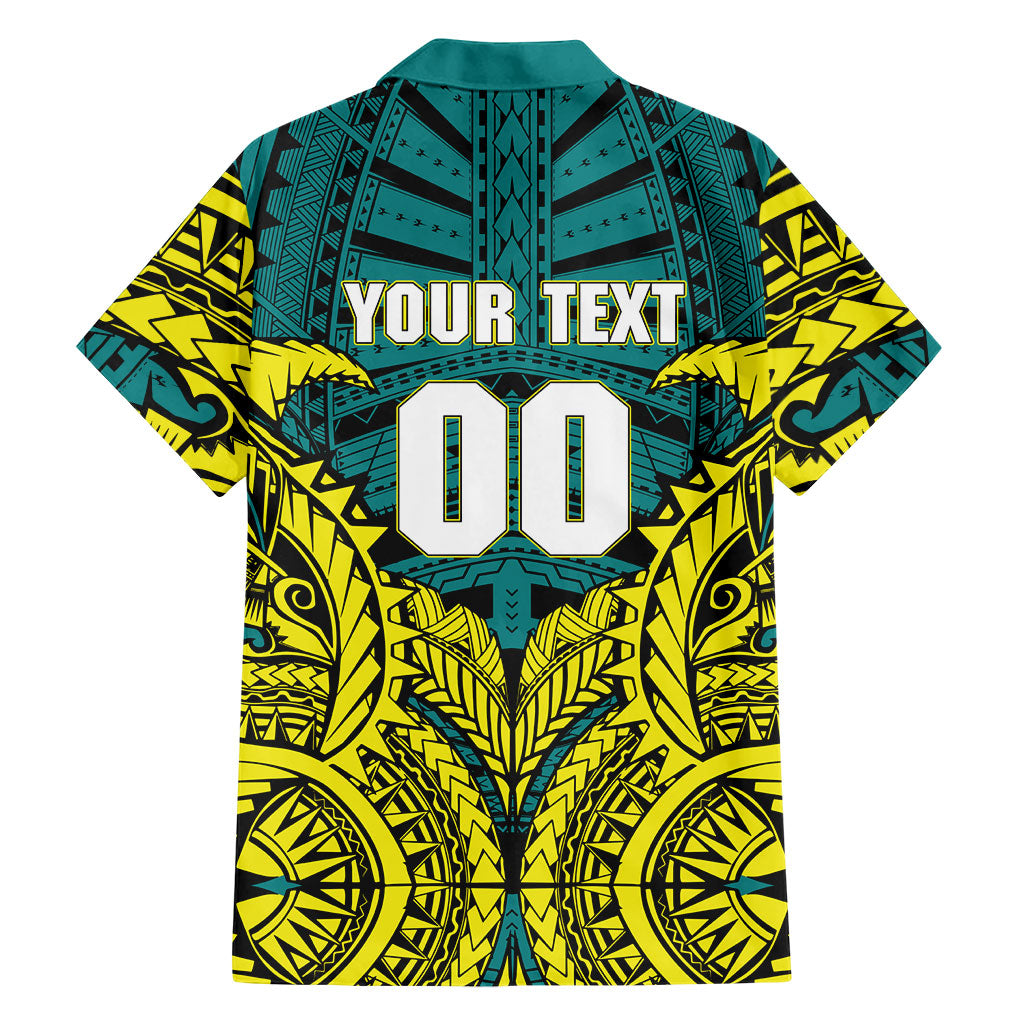 Personalized Hockeyroos Kangaroo Field Hockey Family Matching Summer Maxi Dress and Hawaiian Shirt Tribal Geometric Green Gold Symmetrical Pattern Design
