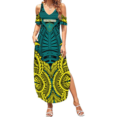 Personalized Hockeyroos Kangaroo Field Hockey Family Matching Summer Maxi Dress and Hawaiian Shirt Tribal Geometric Green Gold Symmetrical Pattern Design