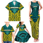 Personalized Hockeyroos Kangaroo Field Hockey Family Matching Tank Maxi Dress and Hawaiian Shirt Tribal Geometric Green Gold Symmetrical Pattern Design