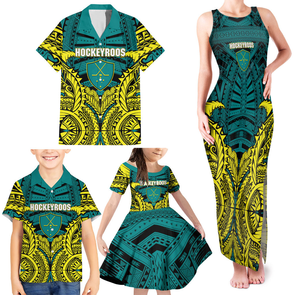 Personalized Hockeyroos Kangaroo Field Hockey Family Matching Tank Maxi Dress and Hawaiian Shirt Tribal Geometric Green Gold Symmetrical Pattern Design
