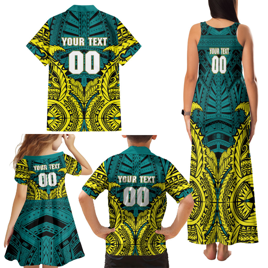 Personalized Hockeyroos Kangaroo Field Hockey Family Matching Tank Maxi Dress and Hawaiian Shirt Tribal Geometric Green Gold Symmetrical Pattern Design