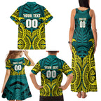 Personalized Hockeyroos Kangaroo Field Hockey Family Matching Tank Maxi Dress and Hawaiian Shirt Tribal Geometric Green Gold Symmetrical Pattern Design