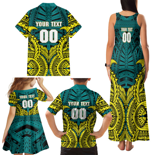 Personalized Hockeyroos Kangaroo Field Hockey Family Matching Tank Maxi Dress and Hawaiian Shirt Tribal Geometric Green Gold Symmetrical Pattern Design