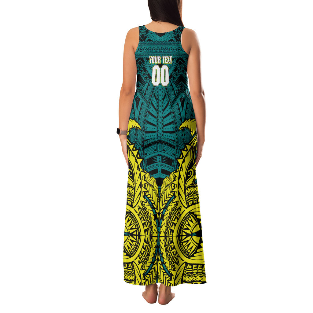 Personalized Hockeyroos Kangaroo Field Hockey Family Matching Tank Maxi Dress and Hawaiian Shirt Tribal Geometric Green Gold Symmetrical Pattern Design