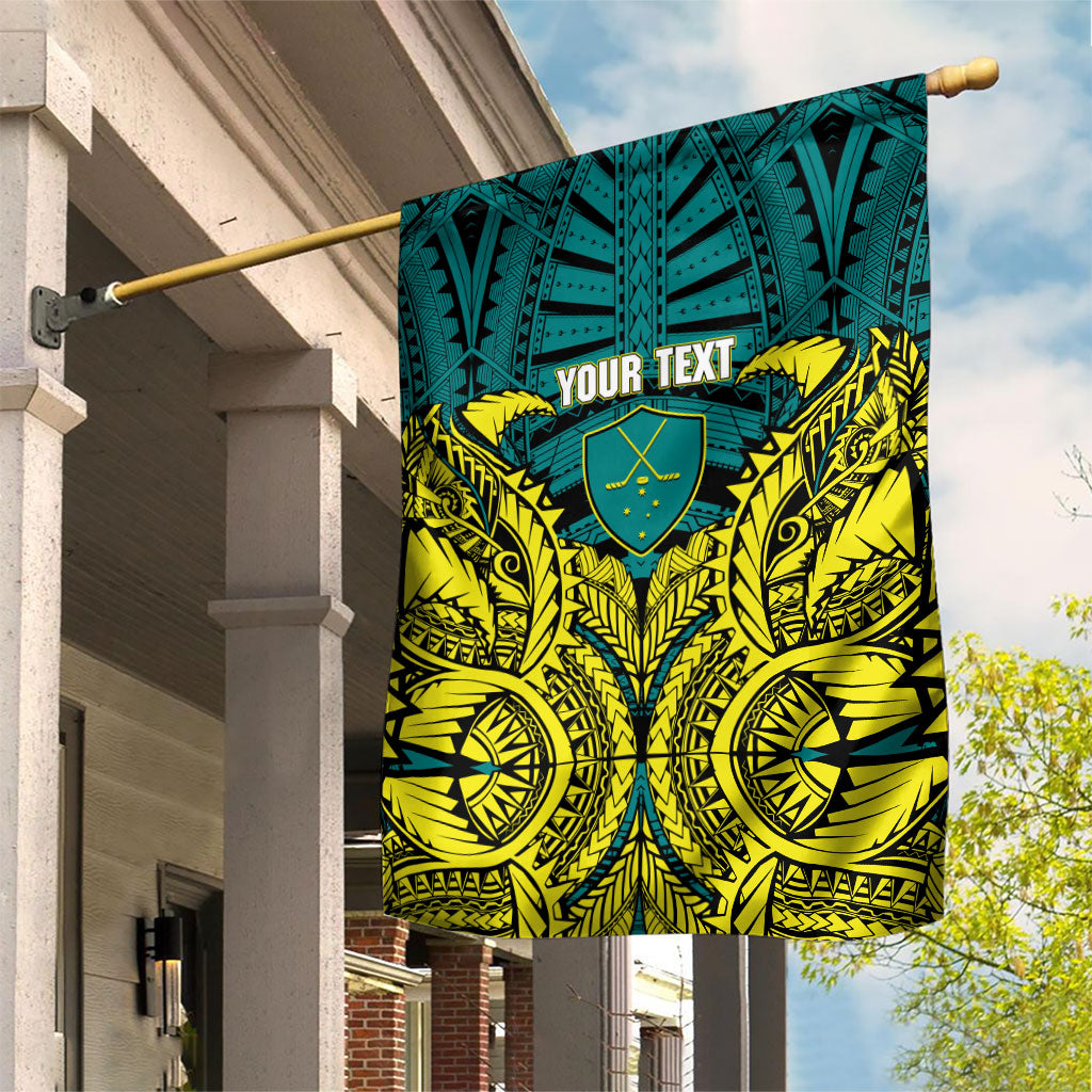 Personalized Hockeyroos Kangaroo Field Hockey Garden Flag Tribal Geometric Green Gold Symmetrical Pattern Design