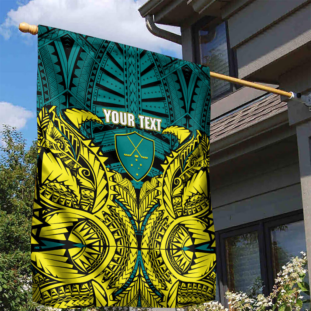 Personalized Hockeyroos Kangaroo Field Hockey Garden Flag Tribal Geometric Green Gold Symmetrical Pattern Design