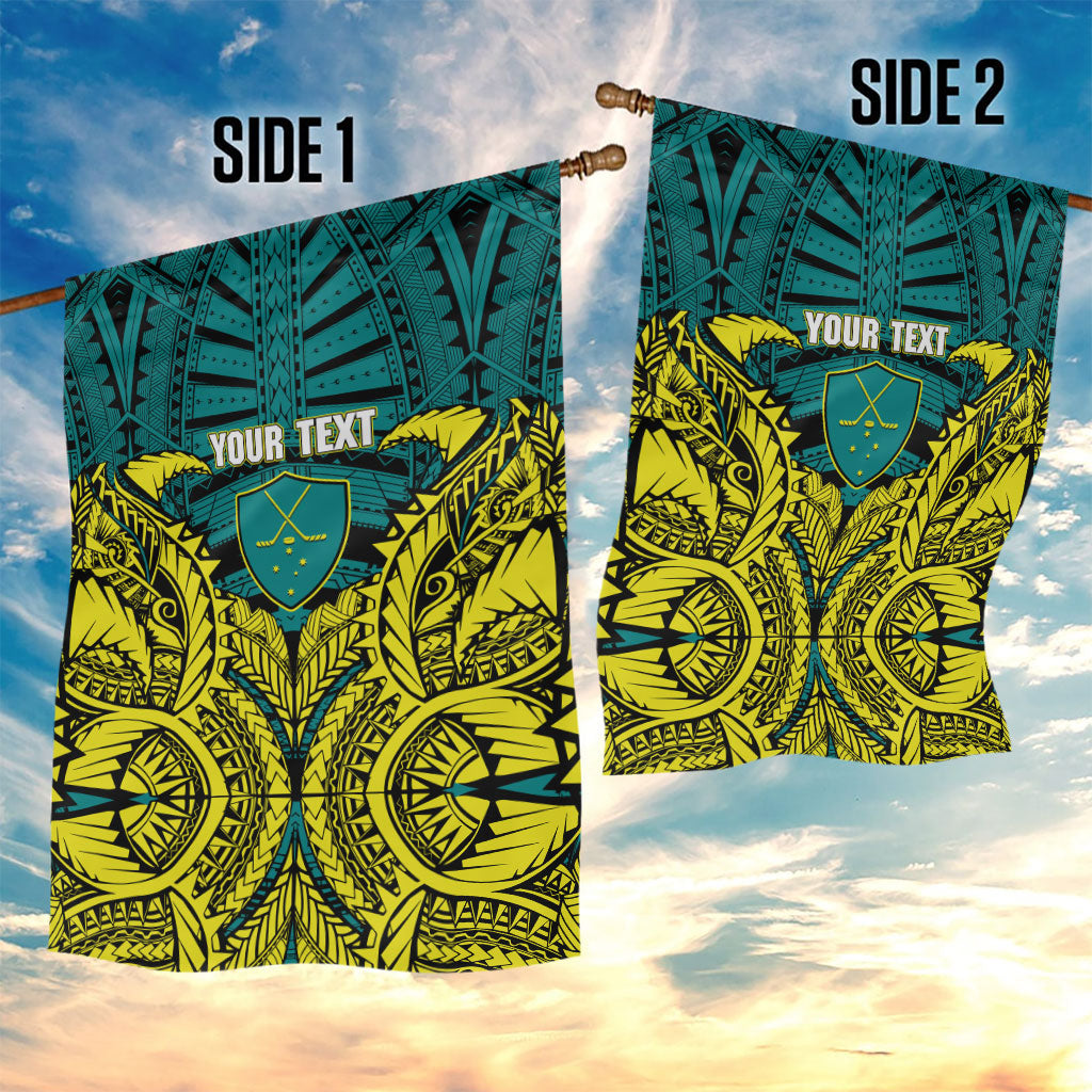 Personalized Hockeyroos Kangaroo Field Hockey Garden Flag Tribal Geometric Green Gold Symmetrical Pattern Design