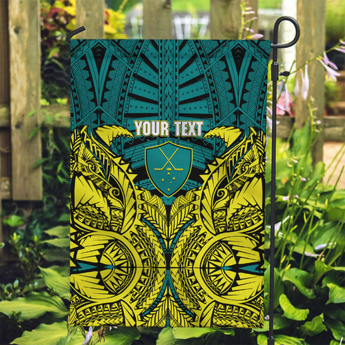 Personalized Hockeyroos Kangaroo Field Hockey Garden Flag Tribal Geometric Green Gold Symmetrical Pattern Design