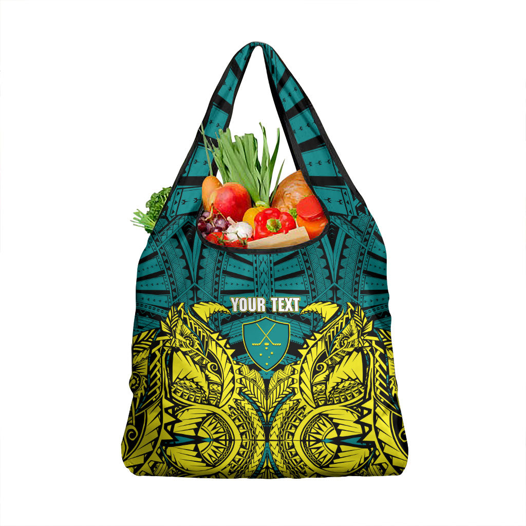 Personalized Hockeyroos Kangaroo Field Hockey Grocery Bag Tribal Geometric Green Gold Symmetrical Pattern Design