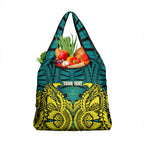 Personalized Hockeyroos Kangaroo Field Hockey Grocery Bag Tribal Geometric Green Gold Symmetrical Pattern Design