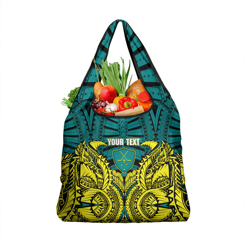 Personalized Hockeyroos Kangaroo Field Hockey Grocery Bag Tribal Geometric Green Gold Symmetrical Pattern Design