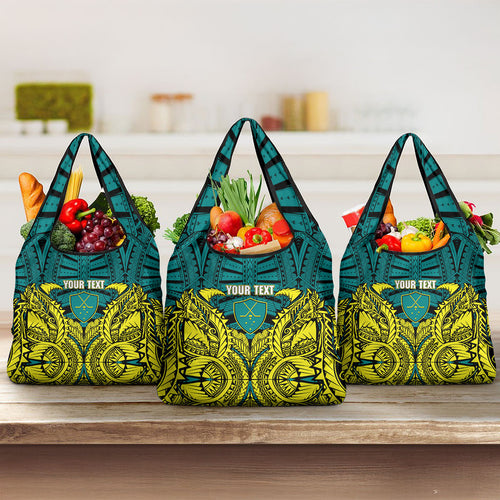 Personalized Hockeyroos Kangaroo Field Hockey Grocery Bag Tribal Geometric Green Gold Symmetrical Pattern Design